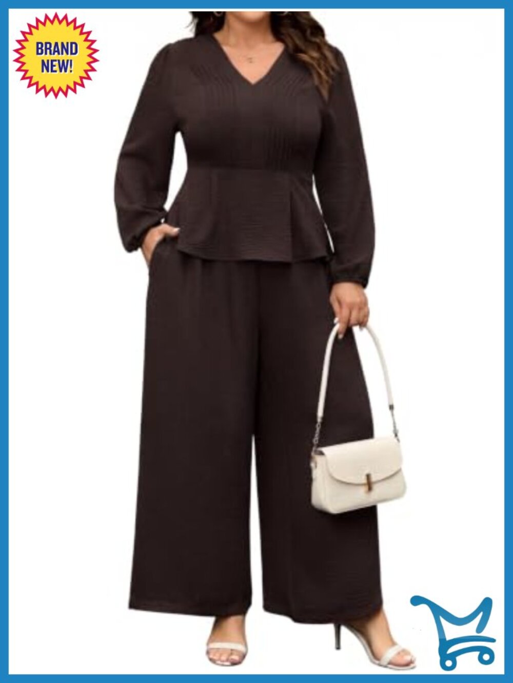 Plus Size 2 Piece Set Long Sleeve Peplum Top Wide Leg Pants Polyester